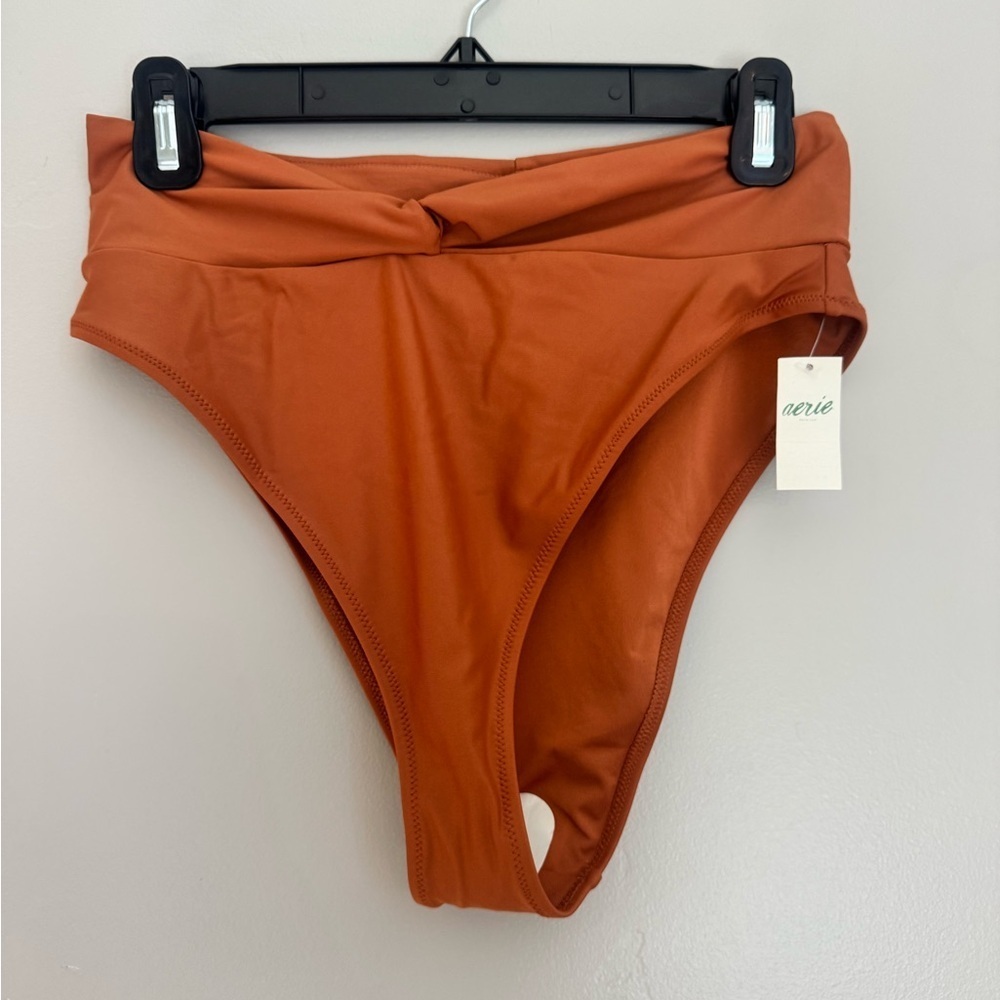 Aerie Real Good High Cut Cheeky Bikini Bottom Rust Brown Crossover High Waist L
